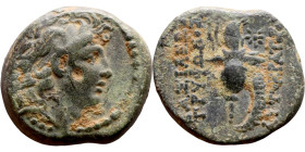 Tryphon (Seleukid King: 142-138 BC). AE bronze. Obv.: diademed bust of Tryphonos right. Rev.:ΒΑΣΙΛΕΩΣ ΤΡΥΦΩΝΟΣ (AY)ΤΟΚΡΑΤΟΡΟΣ, macedonian helmet decor...