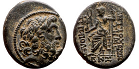 SYRIA. Antioch. Civic issue (100-1 BC). AE bronze. Obv: laureate head of Zeus, r. Rev: ΑΝΤΙΟΧΕΩΝ ΤΗΣ ΜΗΤΡΟΠΟΛΕΩΣ; Zeus seated l., holding Nike and sce...