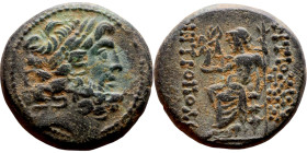 SYRIA. Antioch. Civic issue (100-1 BC). AE bronze. Obv: laureate head of Zeus, r. Rev: ΑΝΤΙΟΧΕΩΝ ΤΗΣ ΜΗΤΡΟΠΟΛΕΩΣ; Zeus seated l., holding Nike and sce...