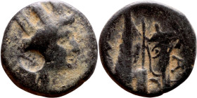 Hellenistic period coin (4-1 century BC) AE Bronze. Obverse: Bust of Tyche. Reverse: galley