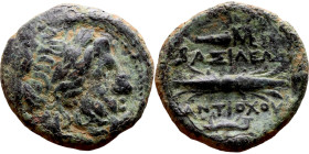 Antiochus IX Cyzicenus (Seleukid King: 114-95 BC). AE bronze. Obv.: diademed head of Antiochus right. Rev.: Titles to right and left of winged thunder...