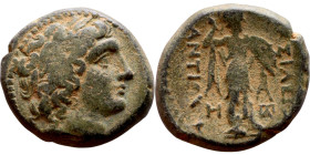 Antiochos I Soter (Seleukid King: 281-261 BC). AE bronze. Obv:  laureate head of Apollo right. Rev.: Athena Promachos standing right, brandishing spea...