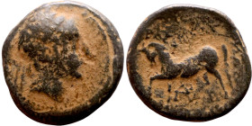 Uncertain Ruler (Seleukid Kings: III-I BC). AE bronze. Obv.: Bust of  Apollo. Rev: Standing Horse