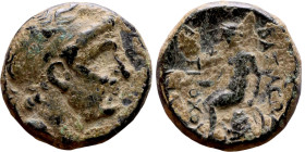 Antiochos III The Great (Seleukid King: 223-187 BC). AE bronze. Obv.: Laureate head of Apollo Rev.: Apollo seated left on omphalos, testing arrow and ...