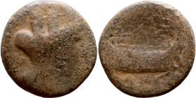 Hellenistic period coin (4-1 century BC) AE Bronze. Obverse: Bust of Tyche. Reverse: galley