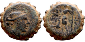 Antiochos IV Epiphanes (Seleukid King: 121-96 BC). AE bronze. Obv.: : Radiate, diademed head of Antiochus IV right Rev:  Zeus standing left, holding t...