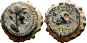 Antiochus IV Epiphanes (Seleukid King: 175-172 BC). AE bronze. Obv.: Veiled, diademed bust of Laodice IV right Rev.:  Head elephant