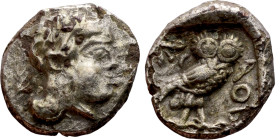ATTICA, Athens. Circa 454-404 BC. AR Obol Obverse: Head of Athena right,  Reverse:  AΘE Owl standing right, head facing to righT

8mm 0.63g