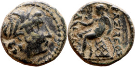 Antiochos III The Great (Seleukid King: 223-187 BC). AE bronze. Obv.: Laureate head of Apollo Rev.: Apollo seated left on omphalos, testing arrow and ...
