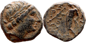 Antiochos III The Great (Seleukid King: 223-187 BC). AE bronze. Obv.: Laureate head of Apollo Rev.: Apollo seated left on omphalos, testing arrow and ...