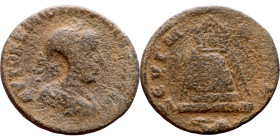 Philip I The Arab (244-249) Commagene. Bronze. Obverse: Bust of Emperor. Reverse: Temple with four columns containing seated figure facing, on rocky h...