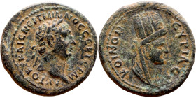 Trajan  (98-117) Bronze coin. Obv: Bust of emperor. Rev: Bust of Tyche