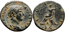 Hadrian (117-138) Quadrans Obv: Bust of emperor. Rev: COS III / SC
Roma helmeted, seated left on cuirass, holding spear and Victory presenting wreath.