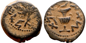 JUDAEA. Jerusalem mint. First Jewish Revolt (66-70 AD). AE prutah. Obv.: Two handled amphora. Rev.: vine leaf on small branch, bears the legend "for t...