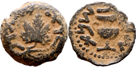 JUDAEA. Jerusalem mint. First Jewish Revolt (66-70 AD). AE prutah. Obv.: Two handled amphora. Rev.: vine leaf on small branch, bears the legend "for t...