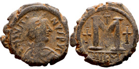 Justin I (518-527) Follis Obverse: :D N IVSTINVS PP AVG, diademed, draped, and cuirassed bust right Reverse: Large M