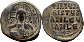 Anonymous Follis attributed to Basil II (976-1025) Obverse: +ЄMMA-NOVH / IC-XC Nimbate bust of Christ Pantokrator Reverse: + IhSYS XRISTYS bASILEY bAS...