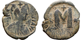 Justin I (518-527) Follis Obverse: :D N IVSTINVS PP AVG, diademed, draped, and cuirassed bust right Reverse: Large M