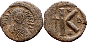 Justin I (518-527) Half Follis Obverse: :D N IVSTINVS PP AVG, diademed, draped, and cuirassed bust right Reverse: Large K