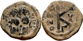 Justin II and Sophia Half Follis Obverse: DN IVSTINVS PP AVG Justin and Sophia on thrones Reverse: Large K between ANNO and regnal year, above cross.