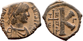Justinian I (527-565) Half Follis. Obverse: D N IVSTINIANVS PP AVG, diademed, draped, and cuirassed bust right Reverse: Large K, mintmark