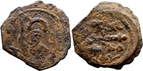Tancred (Regent: 1101-1103, 1104-1112). Follis. Antioch. Obverse: KE BOIΘH TANKRI.Bust of Tancred facing, wearing turban and chain mail, holding sword...