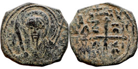 Tancred (Regent: 1101-1103, 1104-1112). Follis. Antioch. Obverse: KE BOIΘH TANKRI.Bust of Tancred facing, wearing turban and chain mail, holding sword...