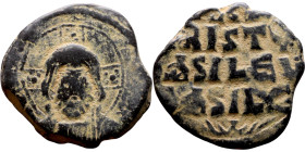 Anonymous Follis attributed to Basil II (976-1025) Obverse: +ЄMMA-NOVH / IC-XC Nimbate bust of Christ Pantokrator Reverse: + IhSYS XRISTYS bASILEY bAS...