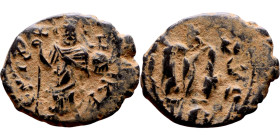 Constans II (641-668) Follis. Obverse: Imperial figure holding cross and globus Reverse: m and inscription