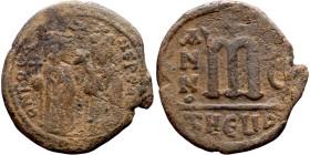 Phocas and Leontia.(602-610). Follis. . Obverse: Standing Phocas and Leonita Reverse: Large m between ANNO and regnal year.