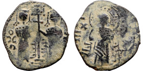 Seljuk (1037–1157, bronze coin in Byzantine style. Obverse: Two figures Reverse: standing figure