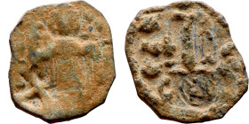 al-Malik ibn Marwan (687-705), Constans II style folis Obverse: Imperial figure holding globus Reverse: m and inscription