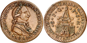 1789. Carlos IV. Puerto de Santa María. Proclamación. (Ha. 86 var. metal) (RAH. 382) (V. 94) (Ruiz Trapero 164) (V.Q. 13138). Bronce. 18,18 g. Ø33 mm....