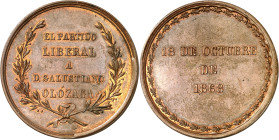 1868. Homenaje a Olózaga. (Ruiz Trapero 769) (V. 825). Bella. Escasa. Bronce. 24,51 g. Ø38 mm. EBC+.