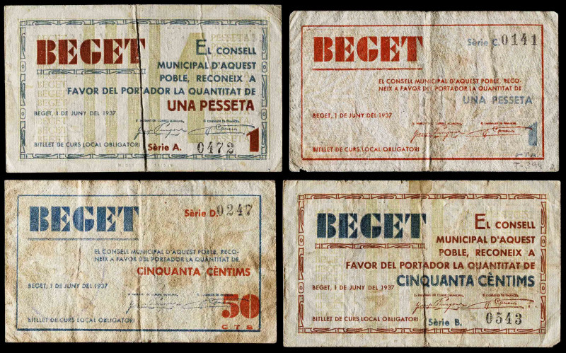 Beget. 50 céntimos (dos) y 1 peseta (dos). (T. 397 a 400). 4 billetes, 2 series ...