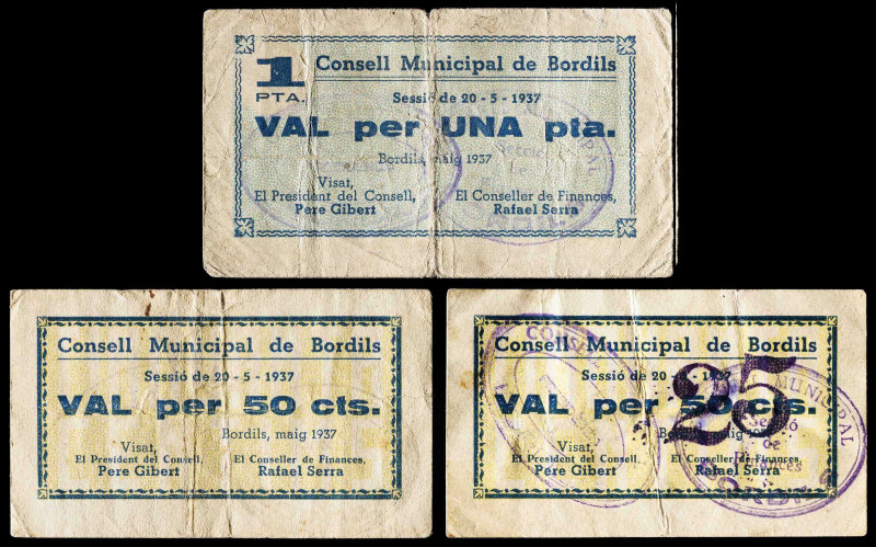 Bordils. 25, 50 céntimos y 1 peseta. (T. 575 a 577). 3 billetes, todos los de la...