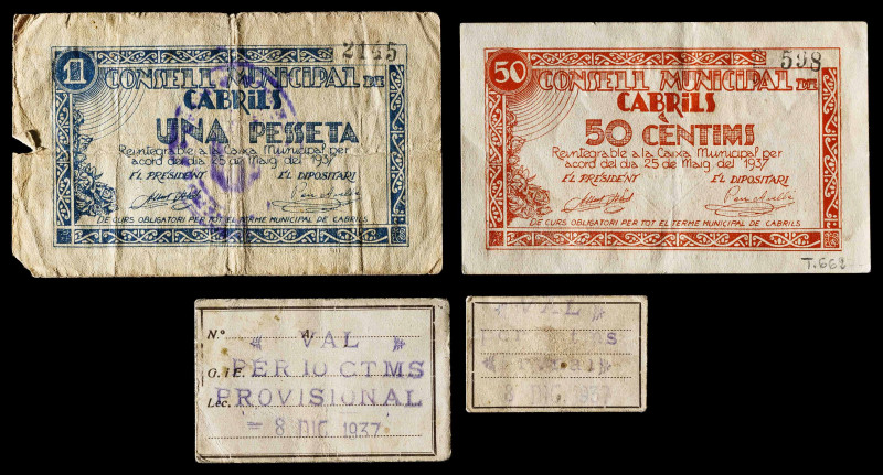 Cabrils. 5, 10, 50 céntimos y 1 peseta. (T. 661 a 664). 2 billetes y 2 cartones....