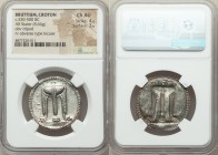 BRUTTIUM. Croton. Ca. 530-500 BC. AR stater (29mm, 8.66 gm, 12h). NGC Choice AU 4/5 - 3/5. Ornamented tripod in relief, ϘPO to left / As obverse, incu...