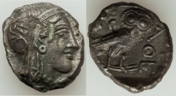 ATTICA. Athens. Ca. 405 BC. AE/AR fourree tetradrachm (25mm, 15.90 gm, 9h). Choice VF, test cut, deposits. Head of Athena right, in crested Attic helm...