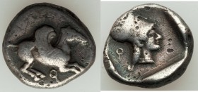 CORINTHIA. Corinth. Ca. 480-400 BC. AR stater (20mm, 8.21 gm, 12h). Fine, porosity, scratches. Pegasus with curved wing flying right; Ϙ below / Head o...