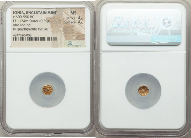 IONIA. Uncertain mint. Ca. 600-550 BC. EL 1/24 stater or myshemihecte (7mm, 0.59...