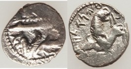 PHOENICIA. Byblus. Adramelek (ca. 333 BC). AR 1/8 shekel (10mm, 0.65 gm, 3h). XF. War galley left on waves, prow ending in lion's head; hippocamp belo...