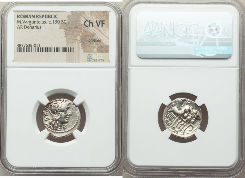 M. Vargunteius (ca. 130 BC). AR denarius (20mm, 1h). NGC Choice VF, brushed. Rom...