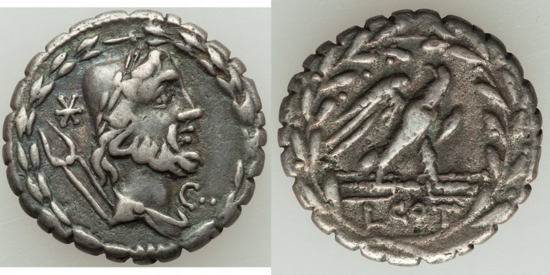 L. Aurelius Cotta (ca. 105 BC). AR serratus denarius (17mm, 3.83 gm, 6h). VF. Ro...