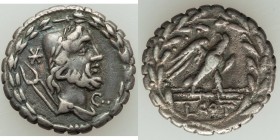 L. Aurelius Cotta (ca. 105 BC). AR serratus denarius (17mm, 3.83 gm, 6h). VF. Rome. Draped bust of Vulcan right, wearing laureate pileus; star and ton...