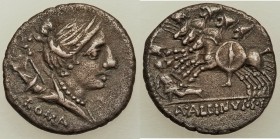 A. Albinus Sp.f. (ca. 96 BC). AR denarius (19mm, 3.49 gm, 6h). VF. Rome. ROMA, draped bust of Diana right, wearing stephane and necklace, hair bound a...
