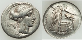 M. Porcius Cato (ca. 89 BC). AR denarius (19mm, 3.66 gm, 3h). Choice VF, scratches, lt. graffito. ROMA (MA ligate) behind and M•CATO (AT ligate) below...