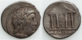M. Volteius M.f. (ca. 78/75 BC). AR denarius (19mm, 4.02 gm, 8h). VF. Rome. Laureate head of Jupiter right / M•VOLTEI•M•F, temple of Jupiter Capitolin...