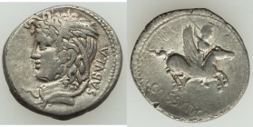 L. Cossutius C.f. Sabula (ca. 72 BC). AR denarius (19mm, 3.58 gm, 7h). VF, edge cut. Rome. SABVLA, head of Medusa left, winged and entwined with serpe...