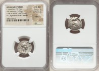 C. Hosidius C.f. Geta (ca. 68 or 64 BC). AR serrate denarius (18mm, 3.57 gm, 6h). NGC Choice AU 5/5 - 3/5, edge cut. Rome. GETA-III•VIR, draped bust o...